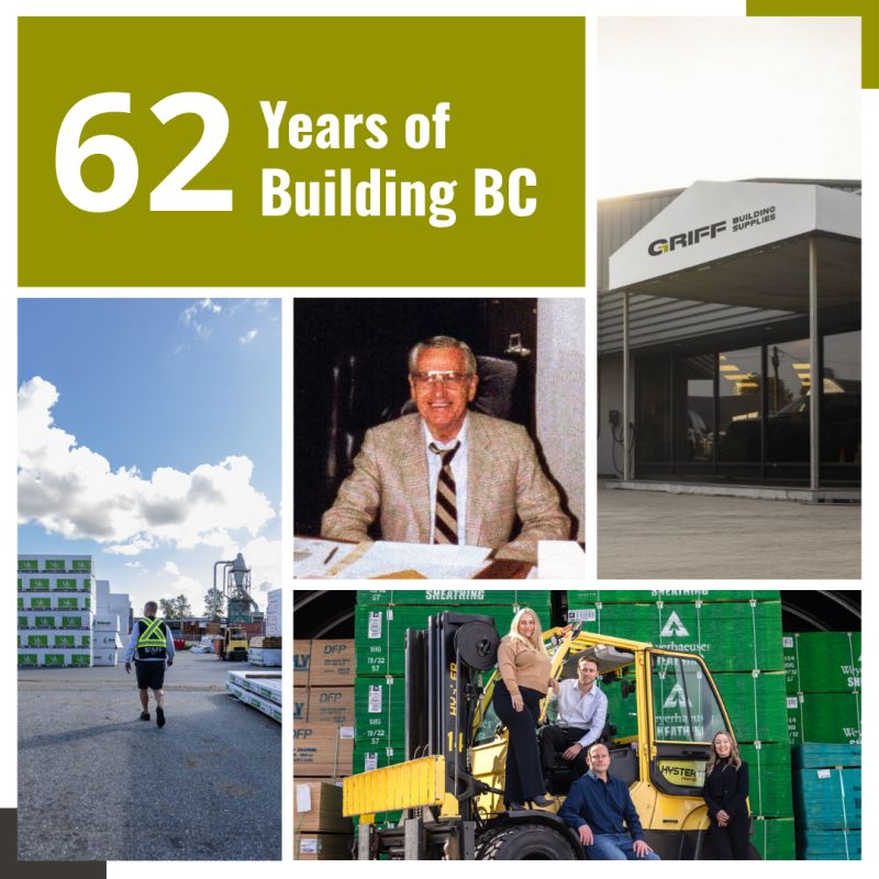 Griff Building Supplies: the Queensborough yard, the retail counter and the team, marking 62 years of building BC