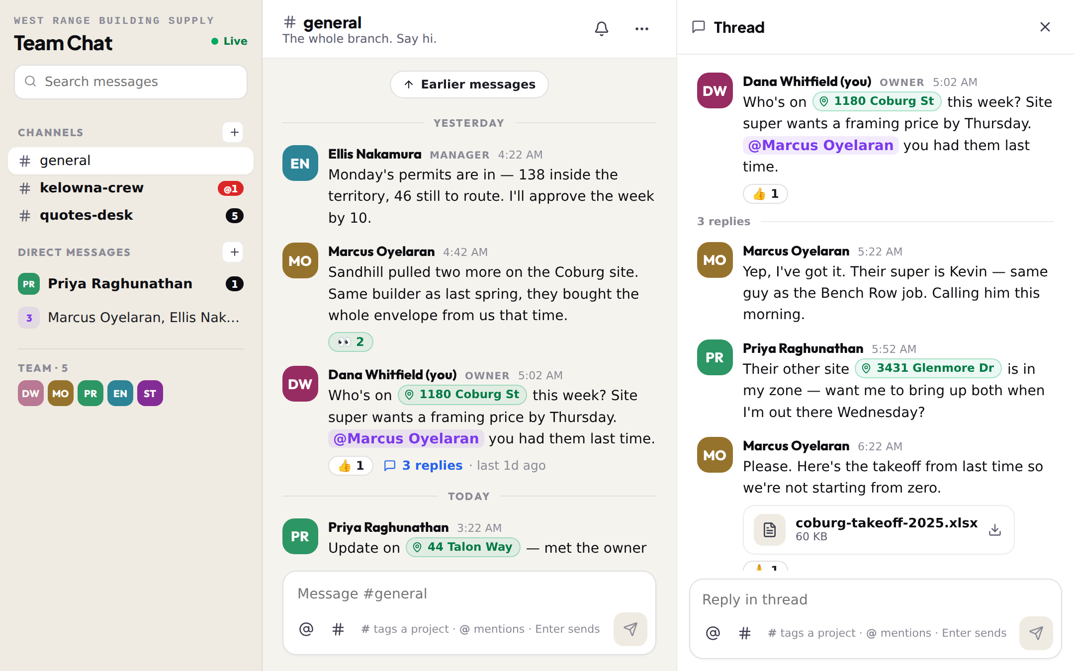 A thread beside the channel: three replies, a project tagged into one, a takeoff spreadsheet in another