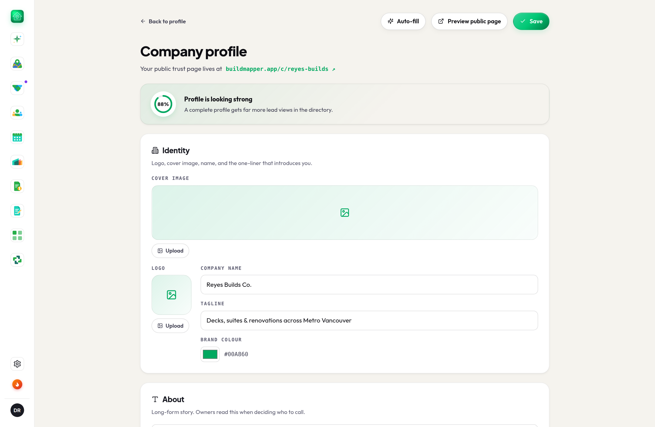 Company profile editor: identity, story and credentials with a profile-strength meter