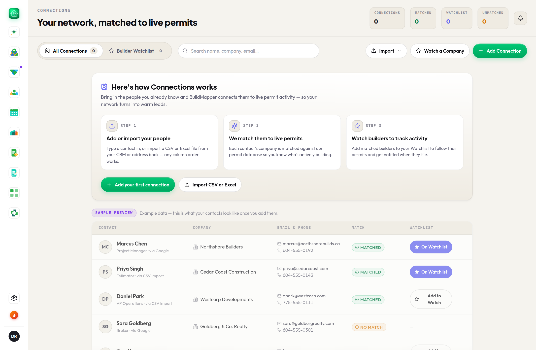 Connections: import your contacts and match them to live permit activity