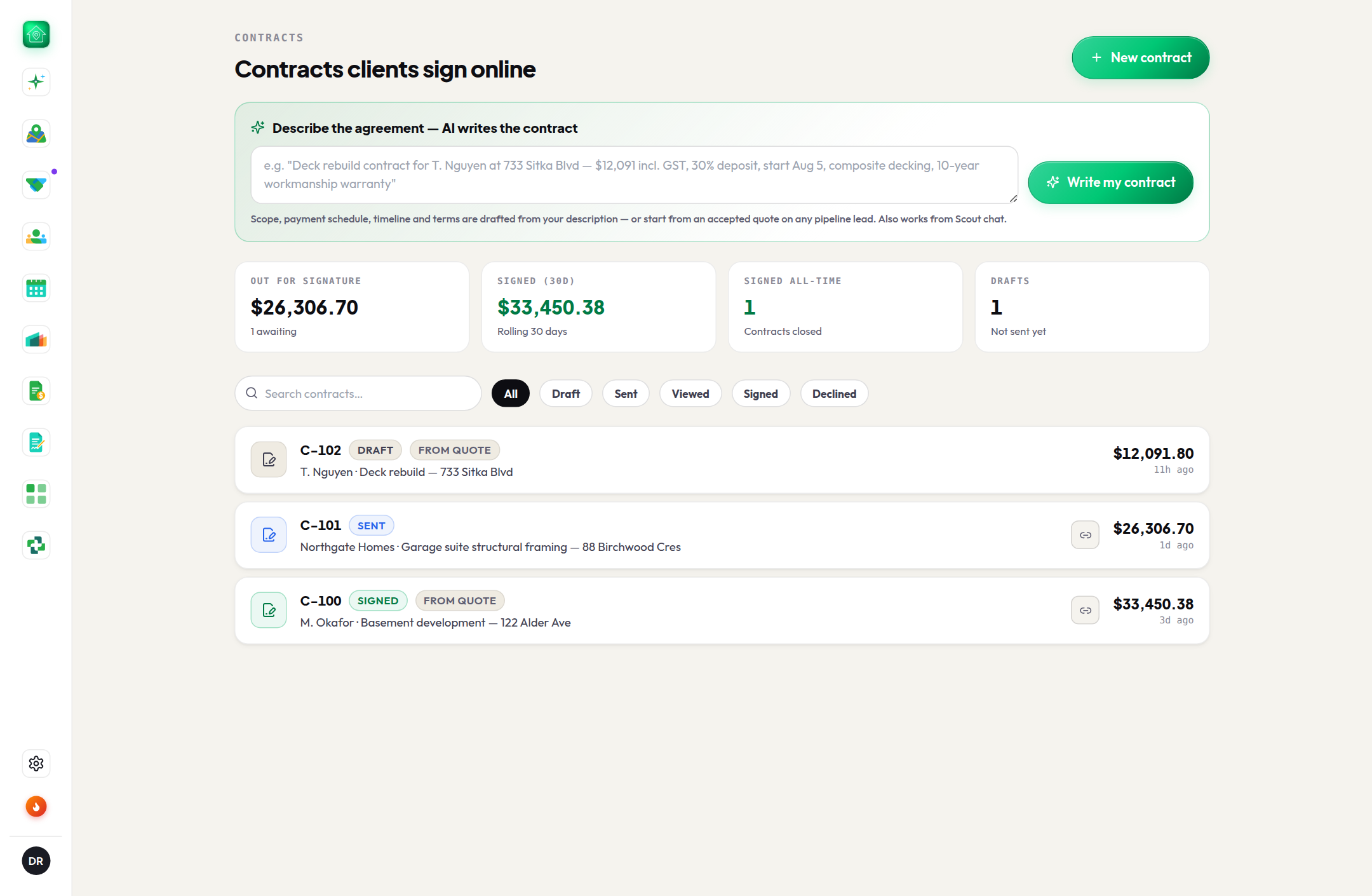 Contracts dashboard: describe the agreement and AI writes the contract