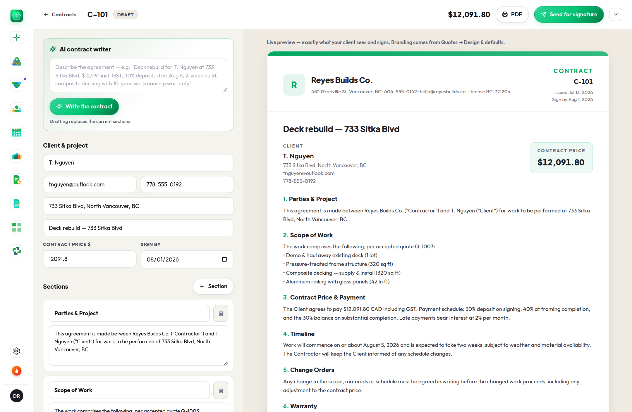 Contract builder: AI-drafted sections with a live branded preview