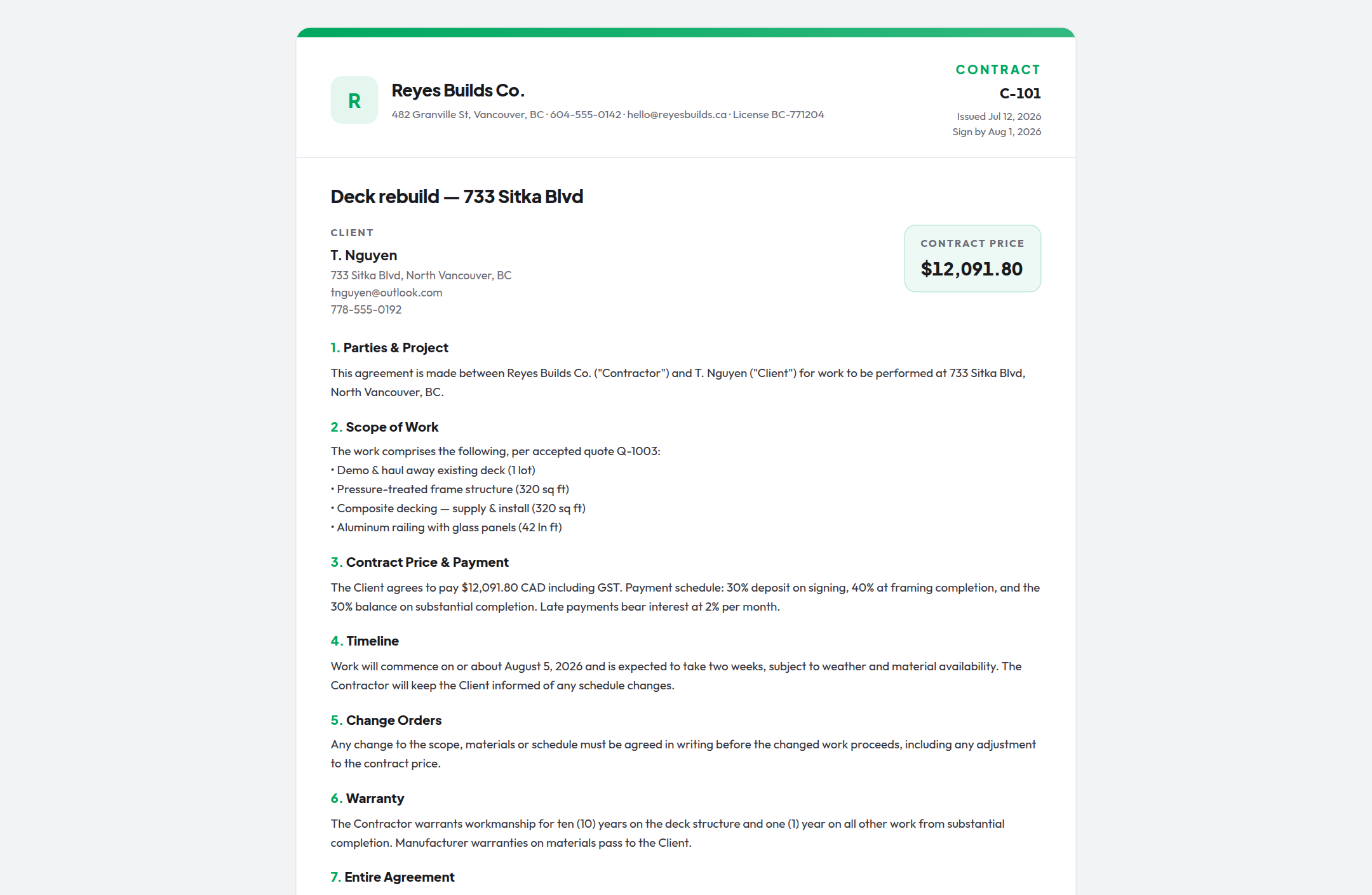 Client signing page: review and sign digitally from a private link