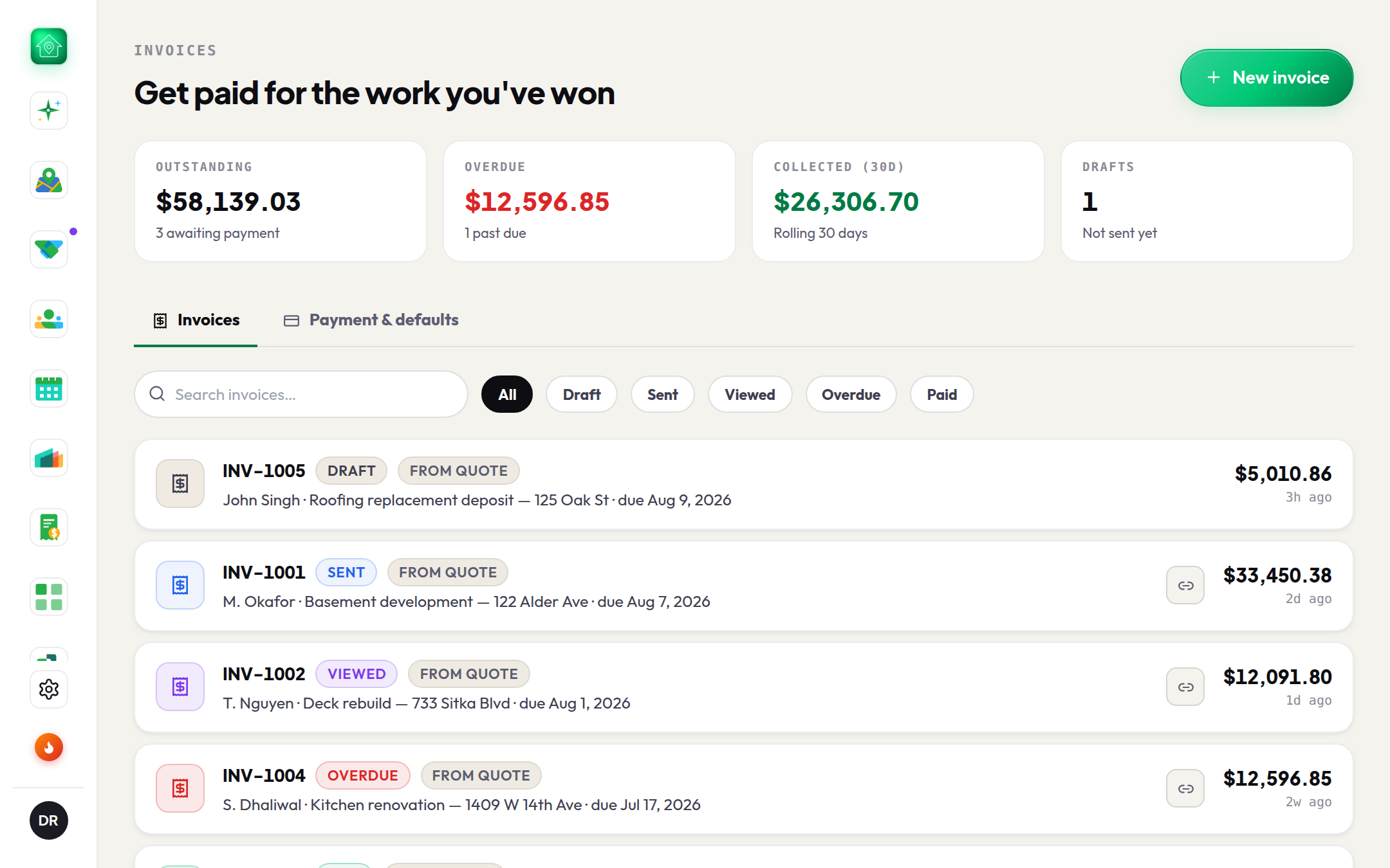 Invoices dashboard: outstanding, overdue and collected at a glance, with status filters