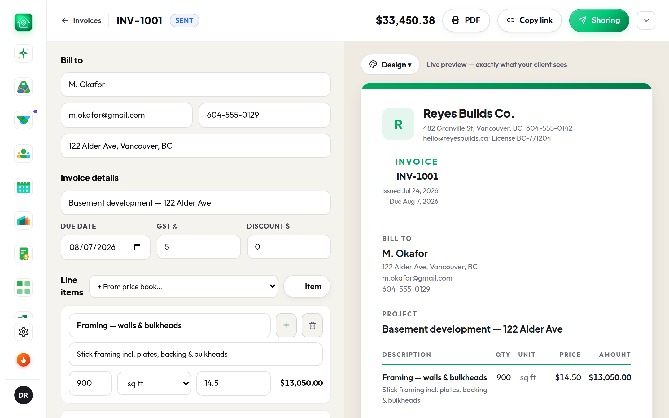 Invoice builder: line items and due date with a live branded preview
