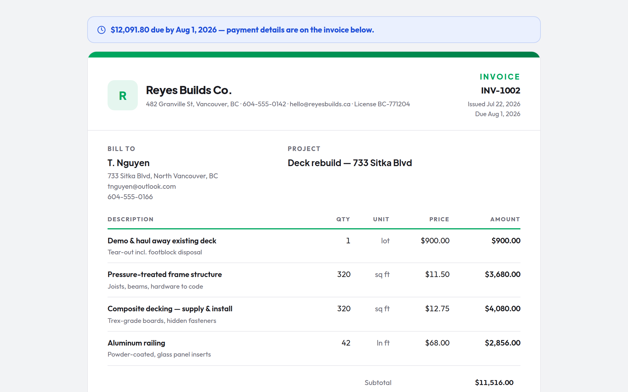 Client view: a private link with the invoice, payment instructions and a PDF copy
