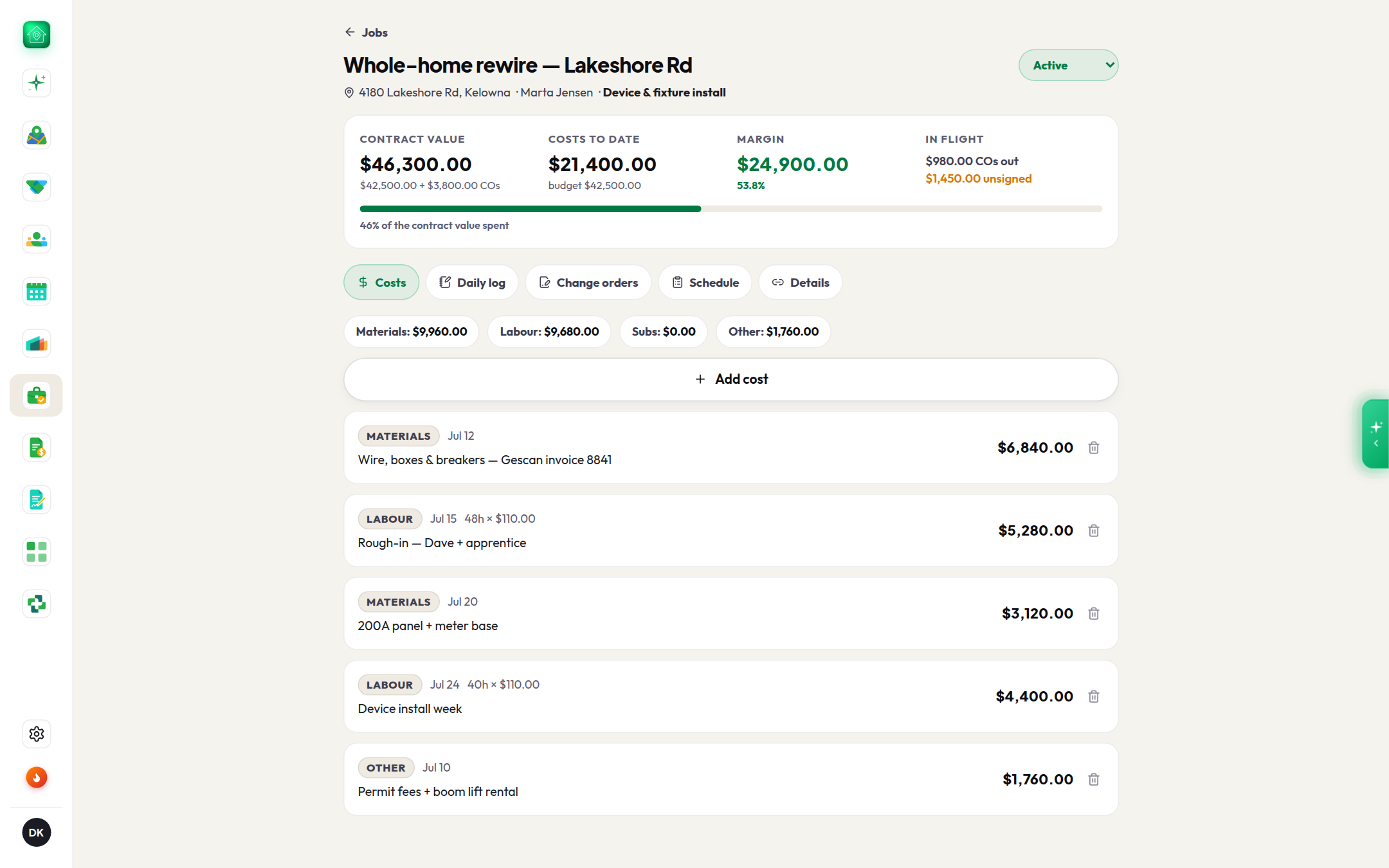 Job page: live margin: contract value + signed change orders − costs, with the quote-seeded budget