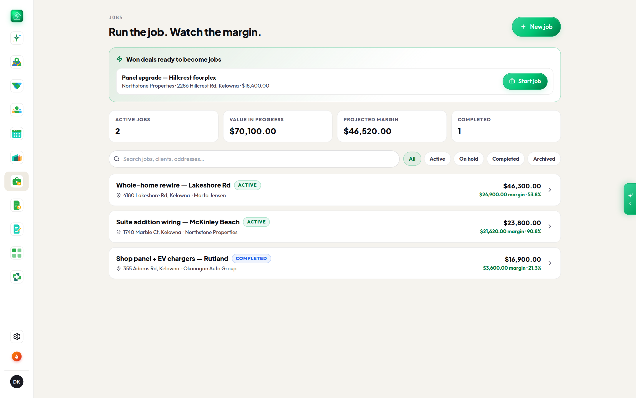 Jobs home: won deals become jobs in one tap, with margin on every job card