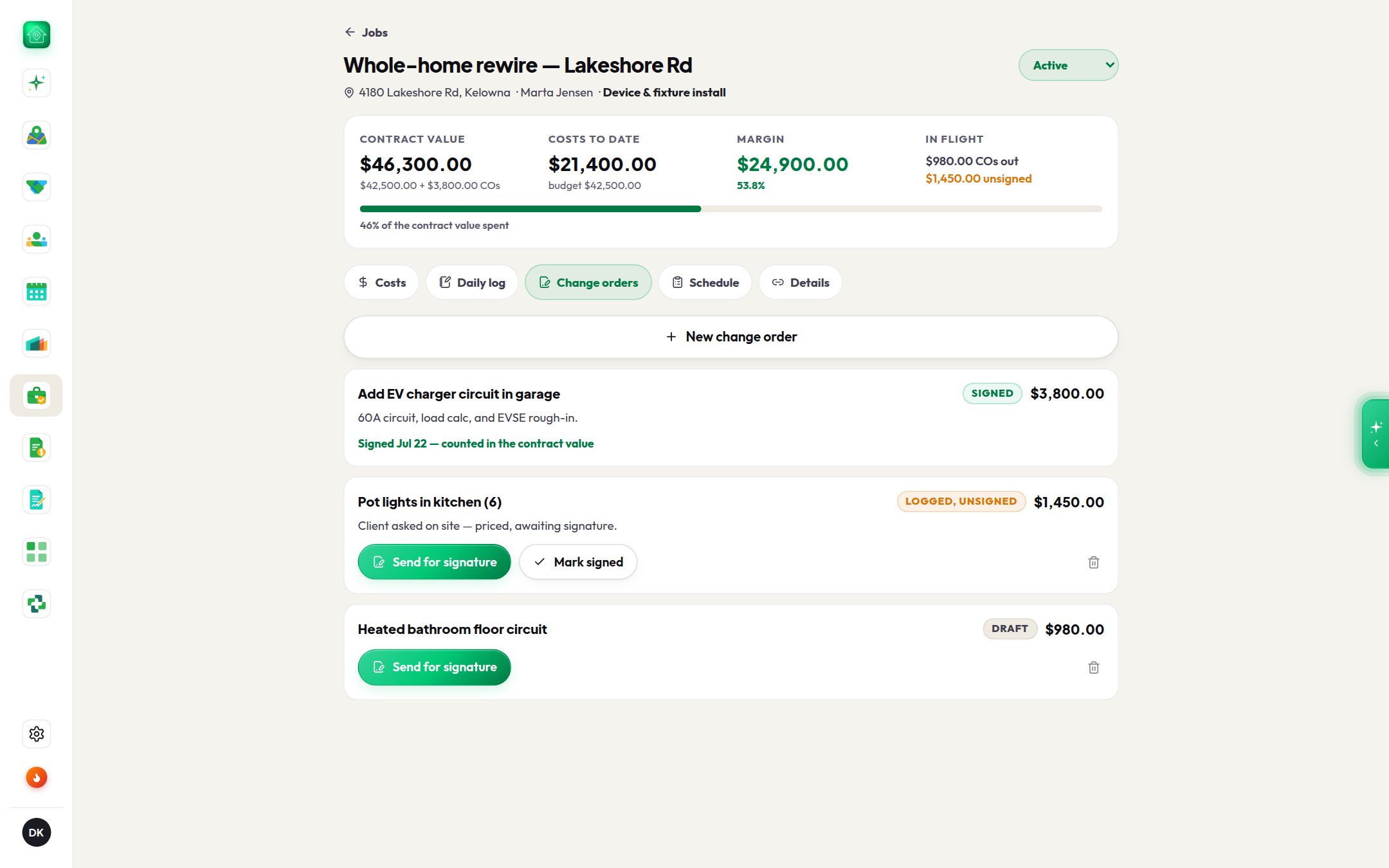 Change orders: log handshake extras or send them for a real online signature