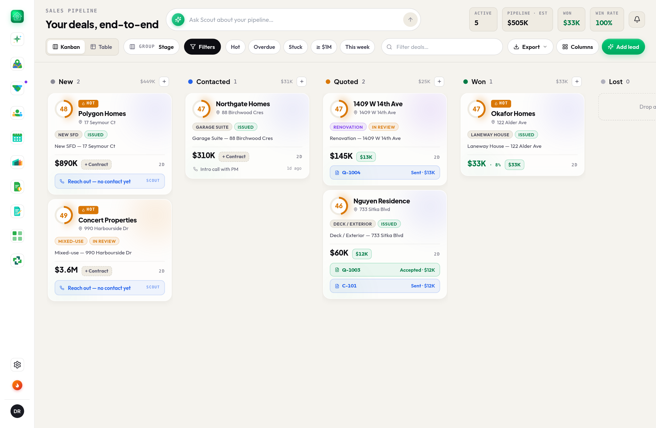 Pipeline board: drag leads through stages with quotes and contracts attached