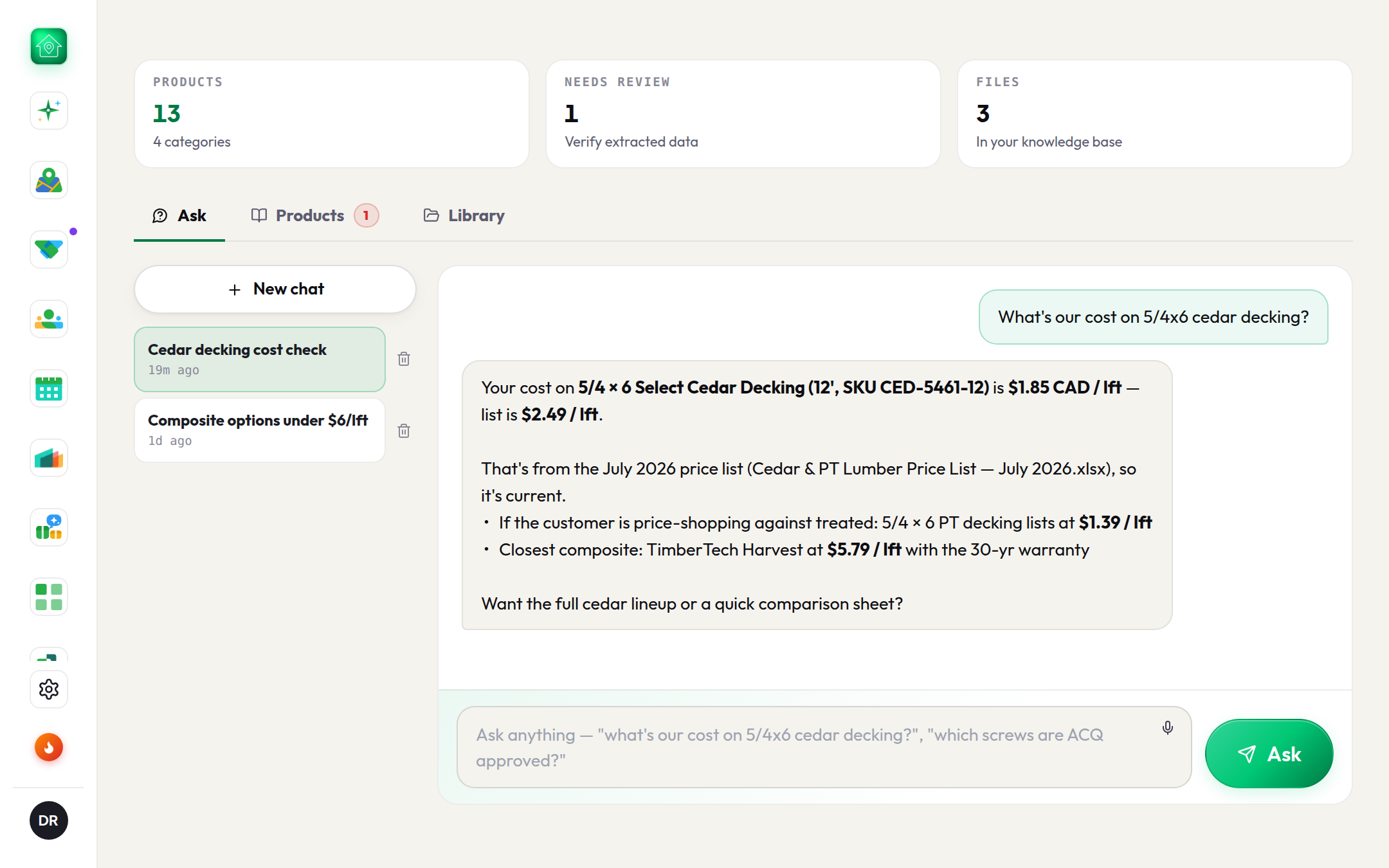 Ask: plain-English product questions answered with exact prices and the source file cited