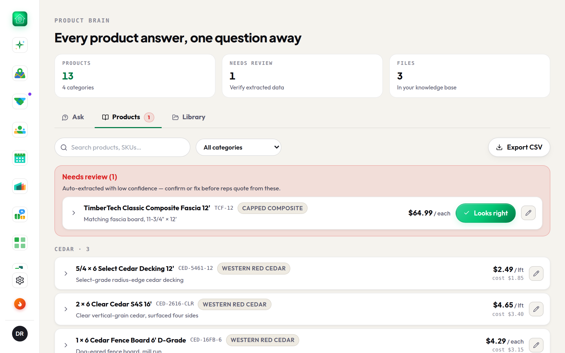 Products: the catalog built from your files, with a needs-review queue and CSV export