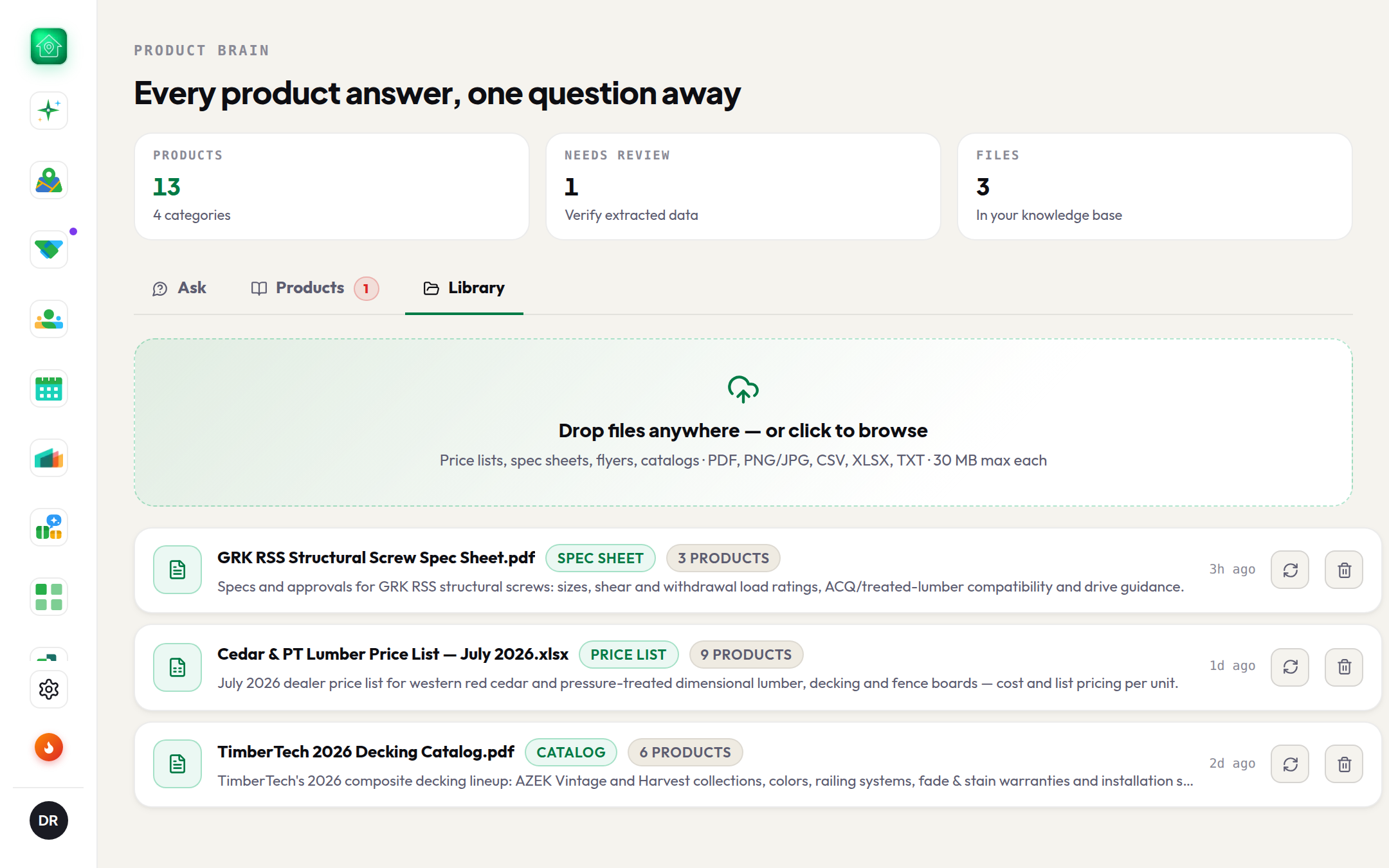 Library: drag-and-drop any product file and watch it get extracted and indexed