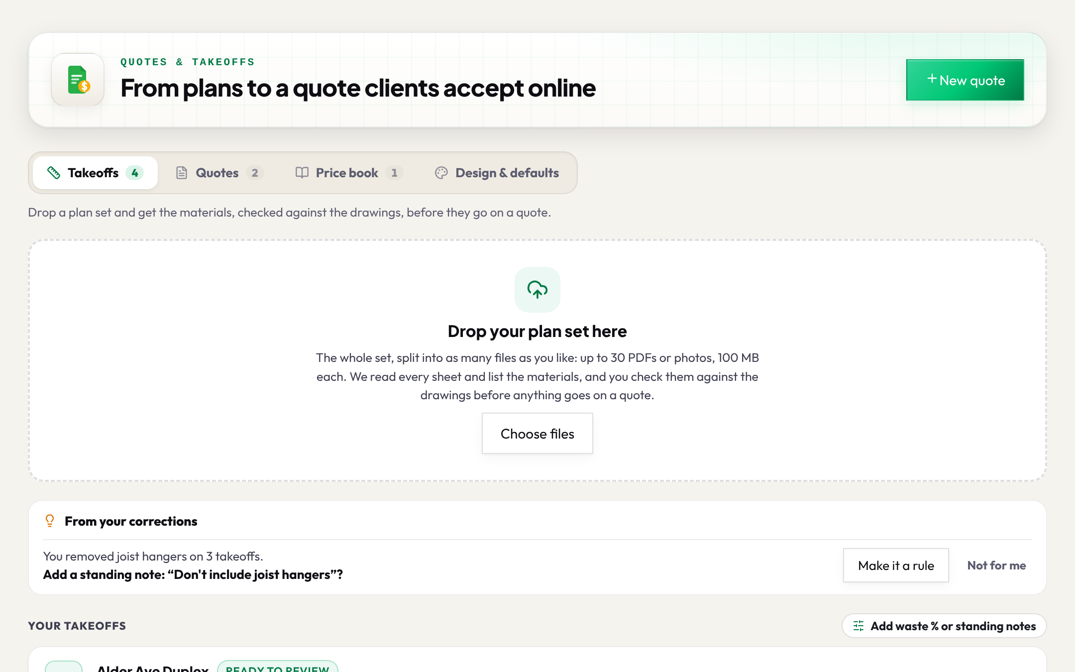Takeoffs tab: drop a whole plan set, and every takeoff shows its next step