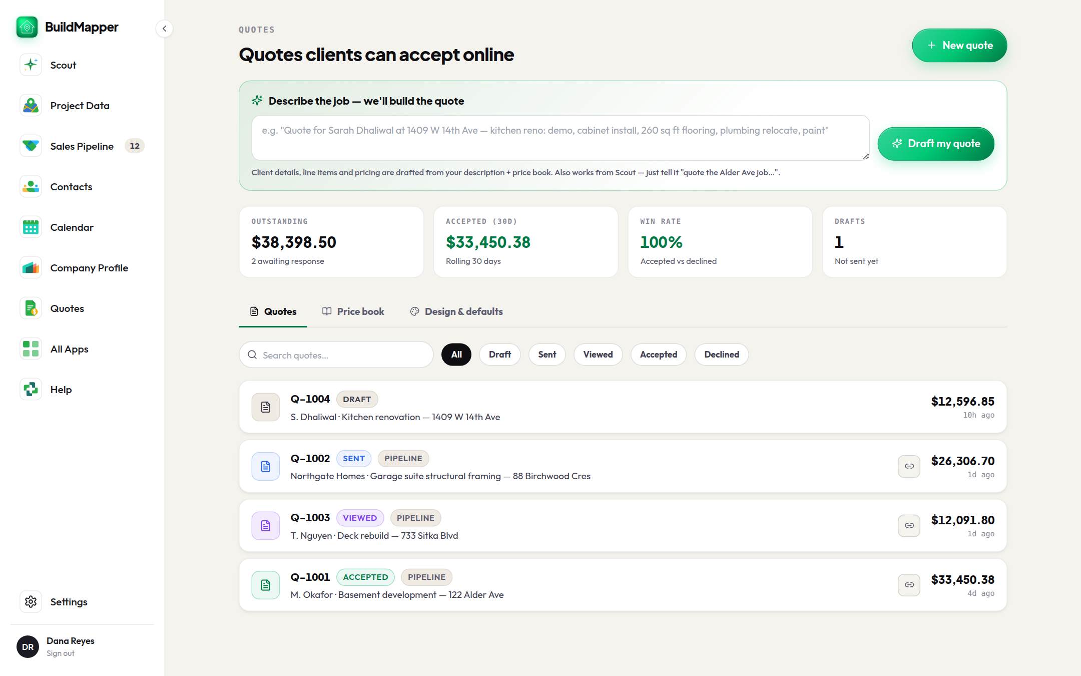 Quotes dashboard: describe a job in plain language and AI drafts the quote