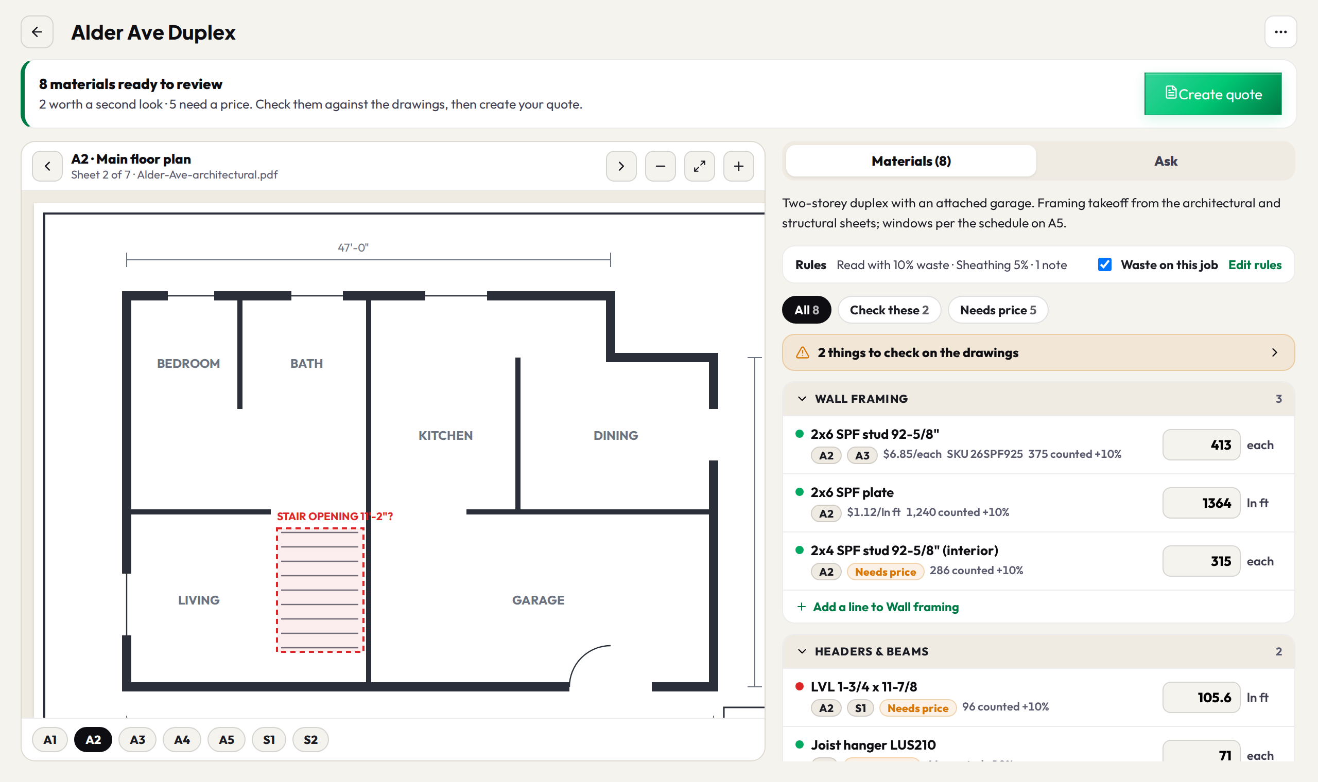 The takeoff page: the plan sheet on the left, the materials grouped by section on the right with quantities, the sheets each came from, prices from the price book and a Create quote button