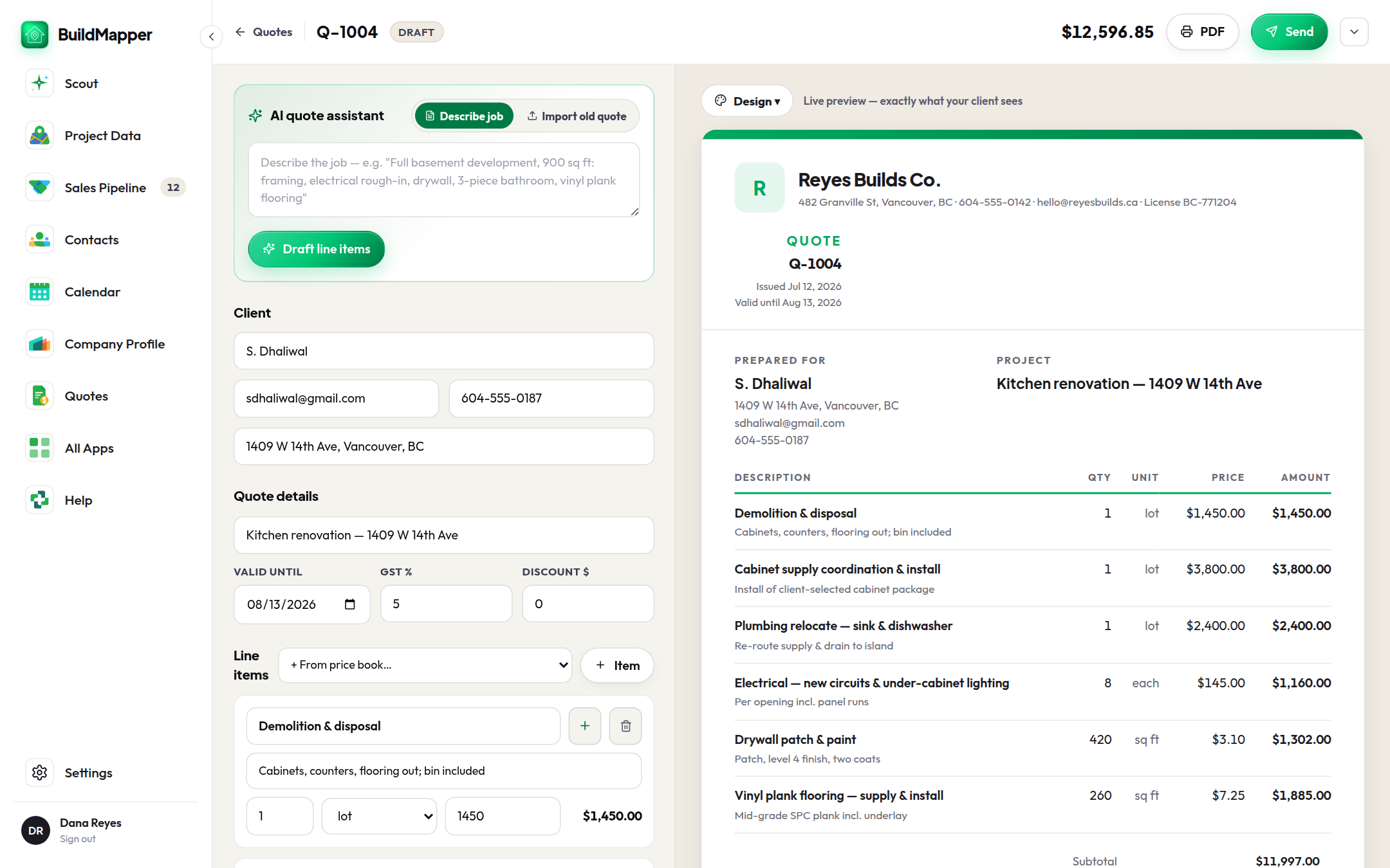 Quote builder with live branded preview and AI assistant
