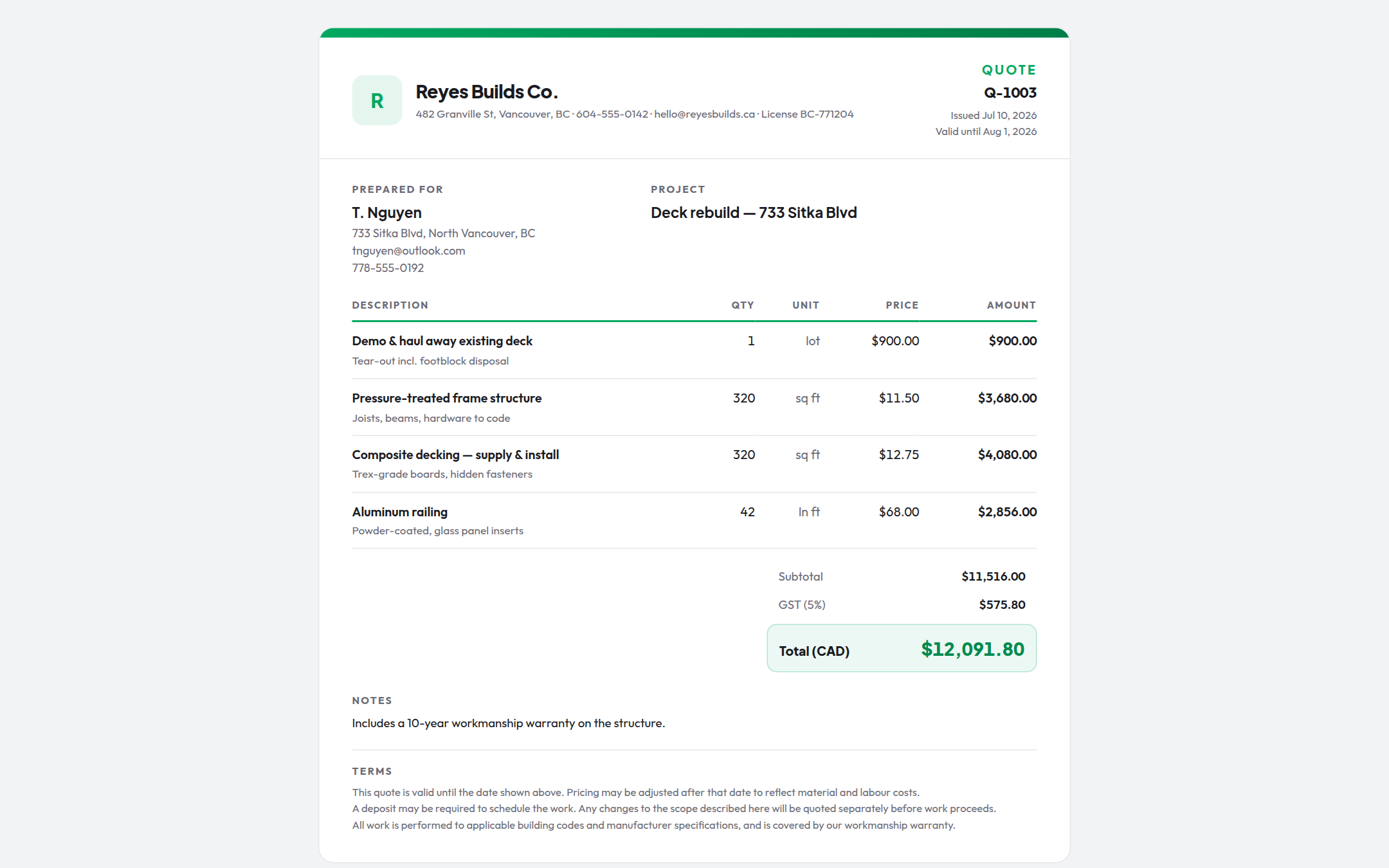 Client view: a private link where clients accept the quote online