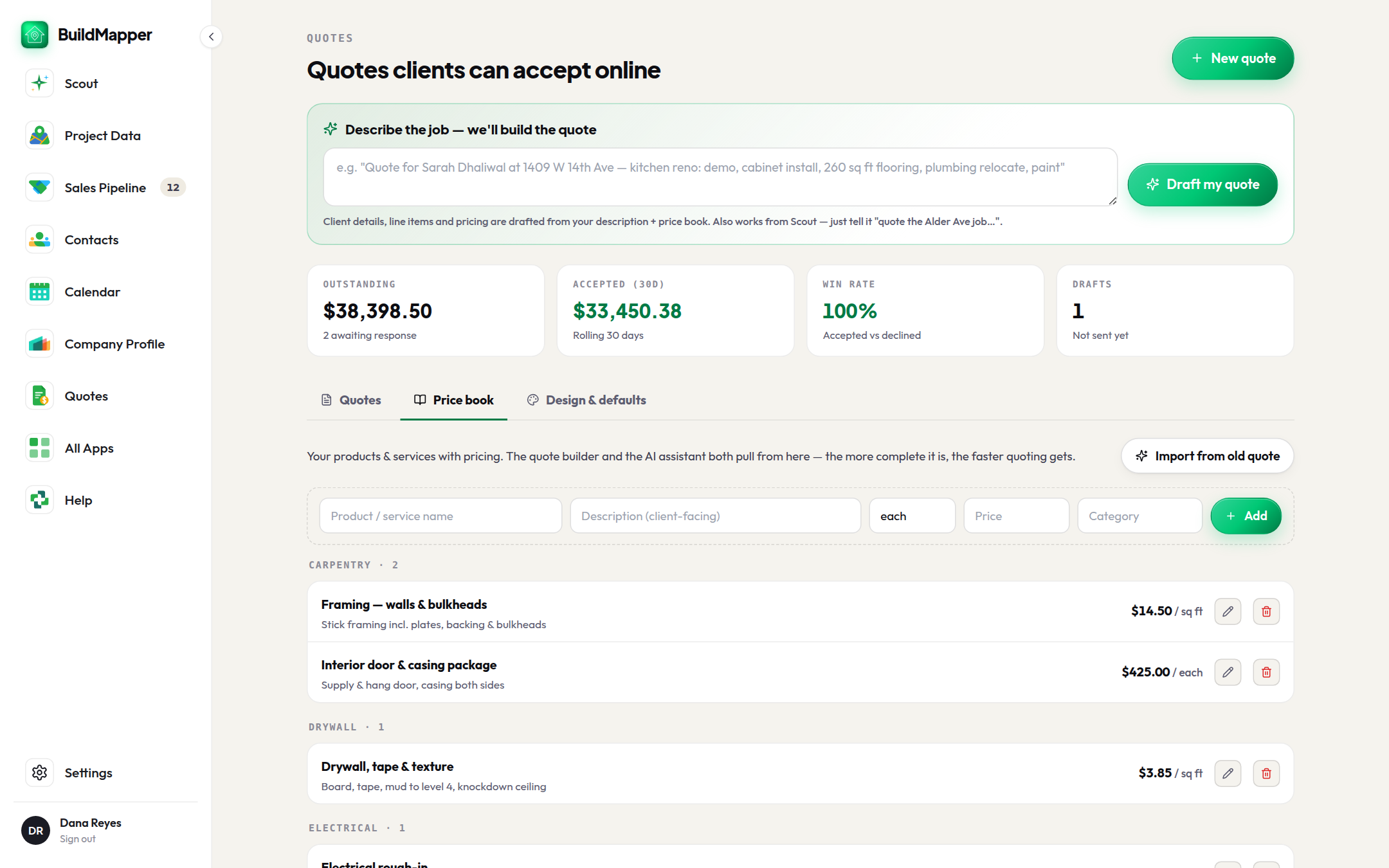Price book: saved products & pricing power one-click line items and AI drafts