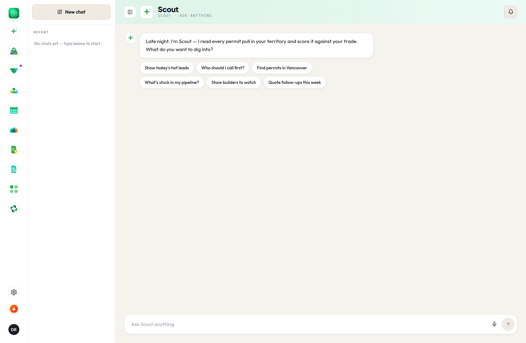 Scout chat: ask about hot leads, who to call first, or quote follow-ups in plain English