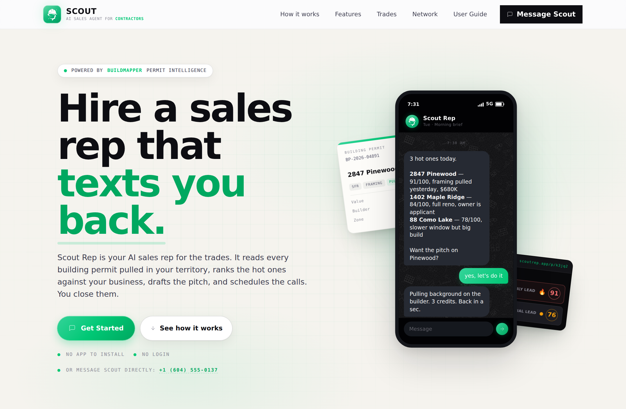 scoutrep.build: hire a sales rep that texts you back, powered by BuildMapper permit intelligence