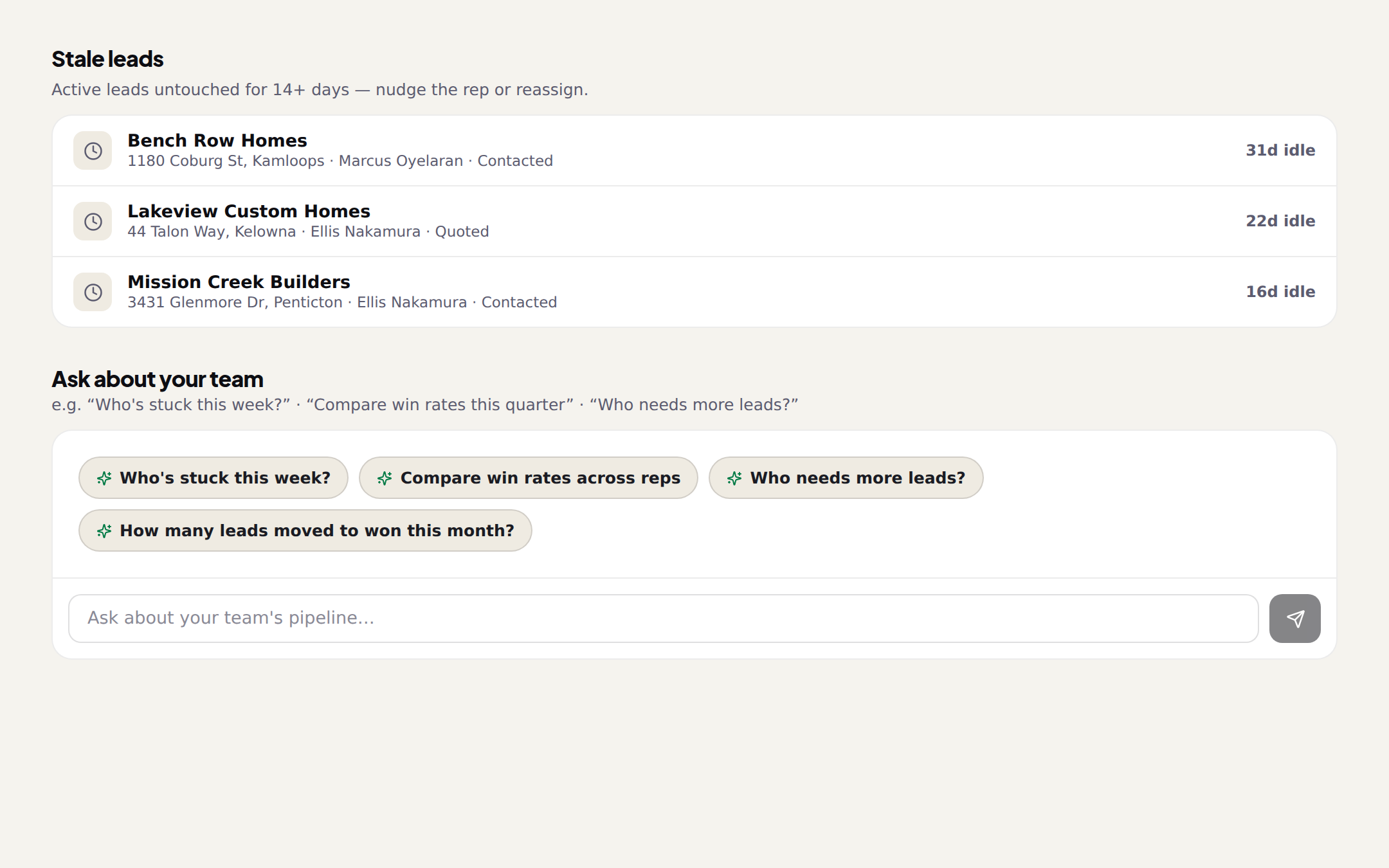 Performance: stale leads and the Ask about your team chat