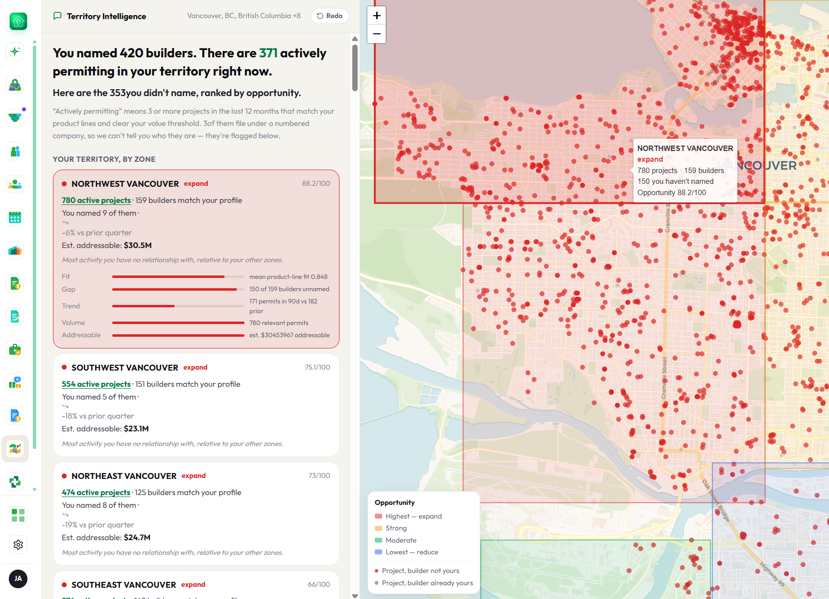 Zone breakdown: each zone scored on fit, gap, trend, volume and addressable spend, with the map highlighting the same zone